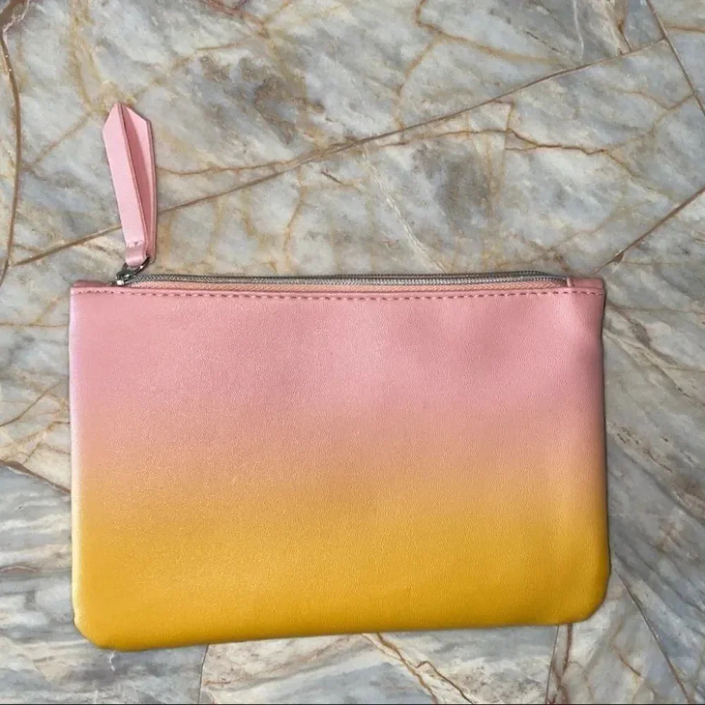 Ipsy Pink and Yellow Ombre Clutch Cosmetic Makeup Bag Case Sunset Faux Leather